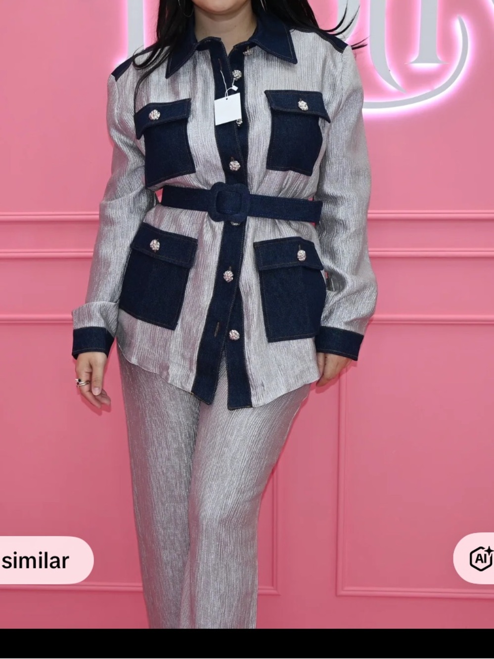Women's Metallic Silver Jacket with denim Trim and silver pants set